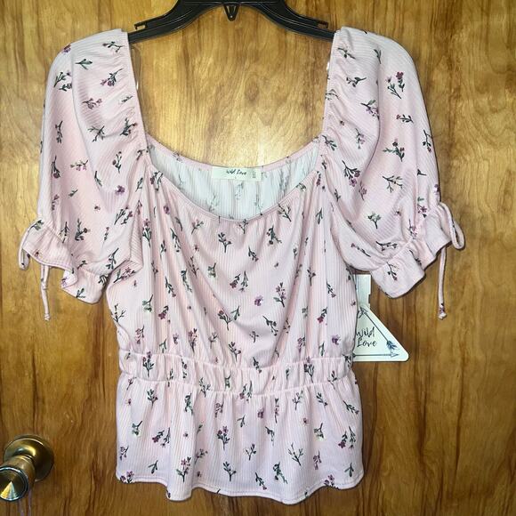 NWT Short Sleeve Light Pink Floral Ribbed Off Shoulder Blouse Size Large - Picture 1 of 10